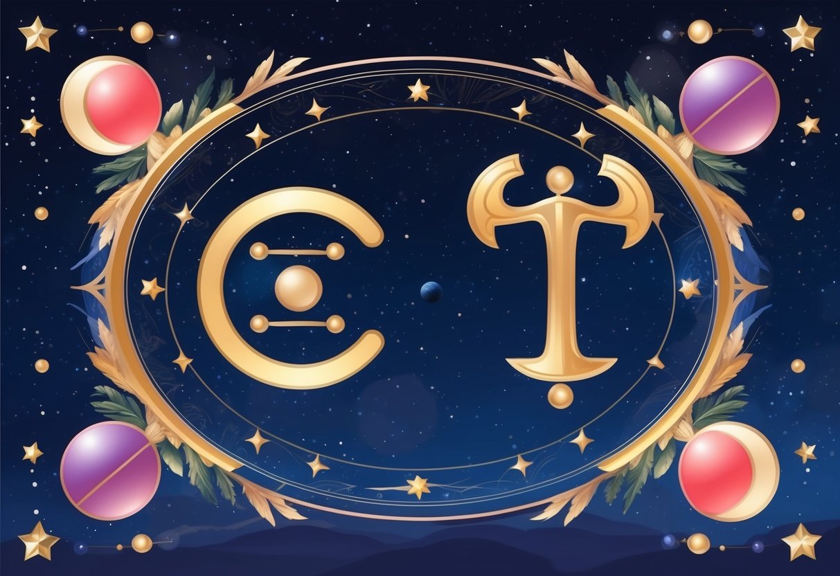 A Cancer and Libra zodiac symbols surrounded by celestial elements and a starry night sky