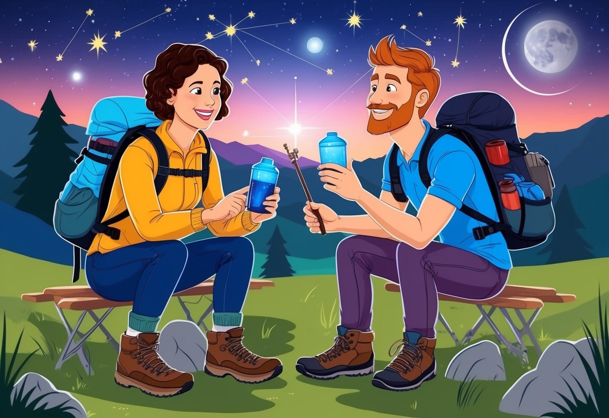 A Cancer and Aquarius enjoying outdoor activities together, such as hiking or stargazing, bonding over shared hobbies and interests