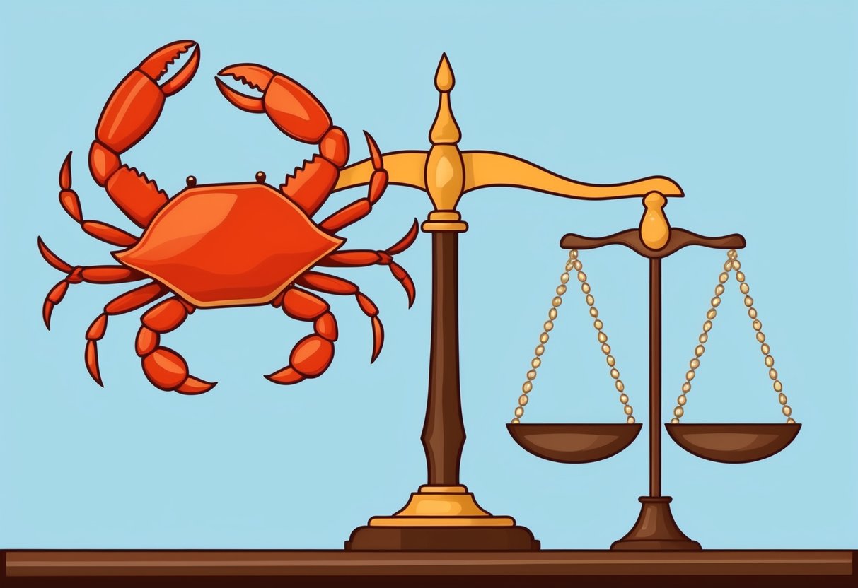 A scale with a cancerous crab on one side and a balanced scale on the other