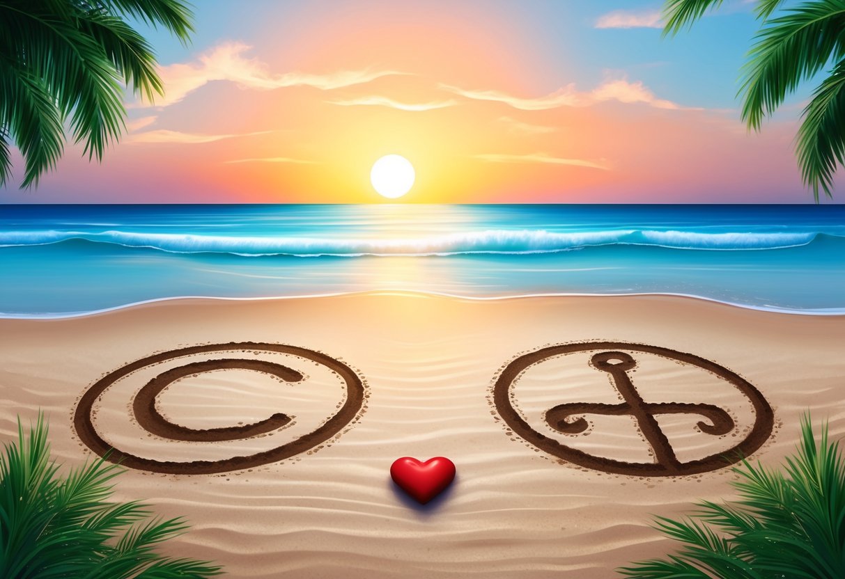 A peaceful beach at sunset, with Cancer and Aquarius symbols drawn in the sand and a heart-shaped rock placed between them