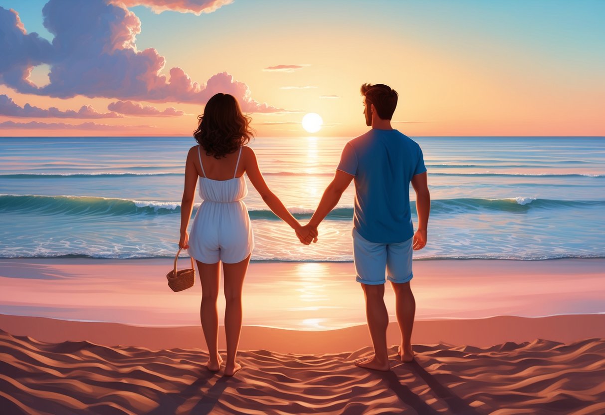 A serene beach at sunset, with a Cancer and Aquarius holding hands, gazing at the horizon