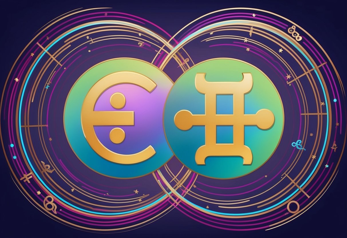 A Cancer and Aquarius symbol surrounded by swirling zodiac symbols, representing their compatibility