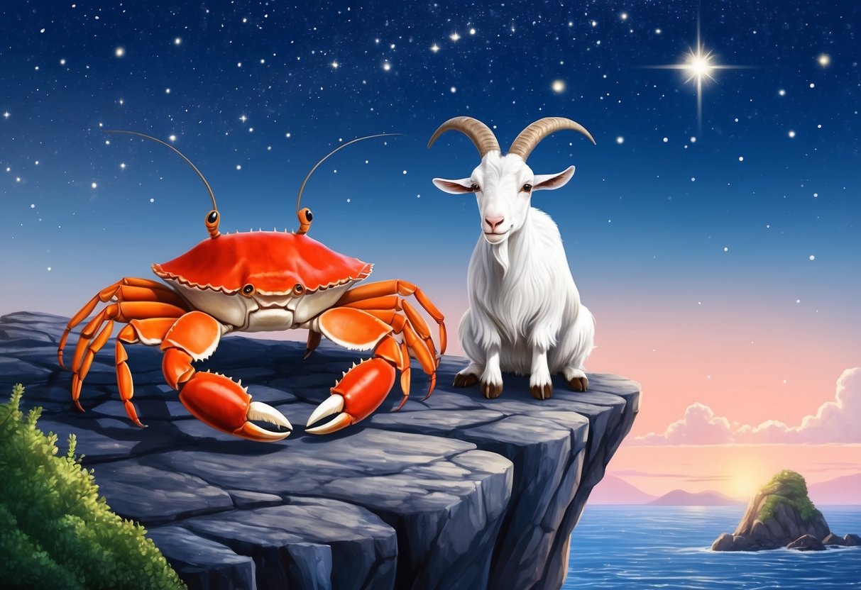 A crab and a goat sit atop a rocky cliff, gazing at the stars together