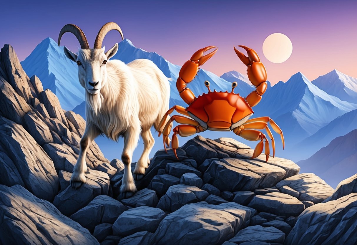 A mountain goat and a crab climb together through a rocky, treacherous terrain, symbolizing the challenges of Cancer and Capricorn compatibility