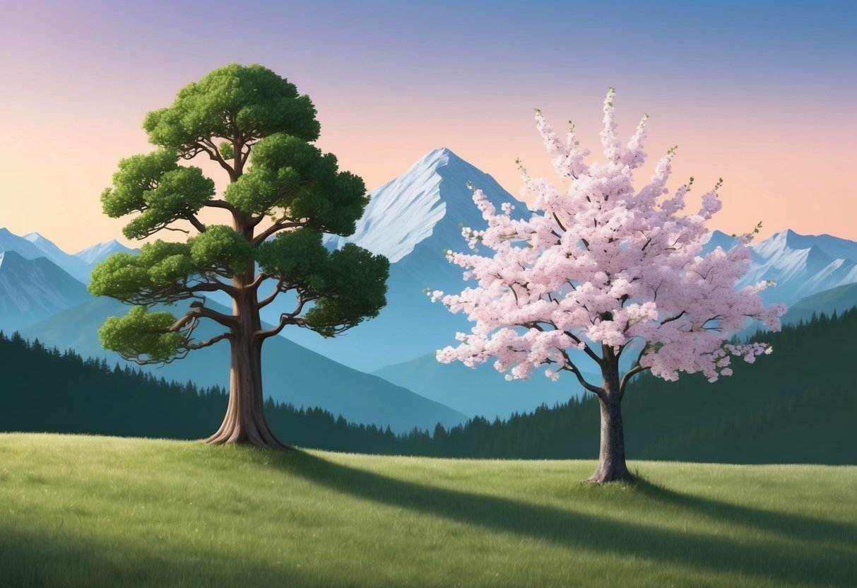 A serene mountain landscape with a lone, sturdy oak tree and a delicate, blooming cherry blossom tree standing side by side, symbolizing the harmonious balance between Cancer and Capricorn