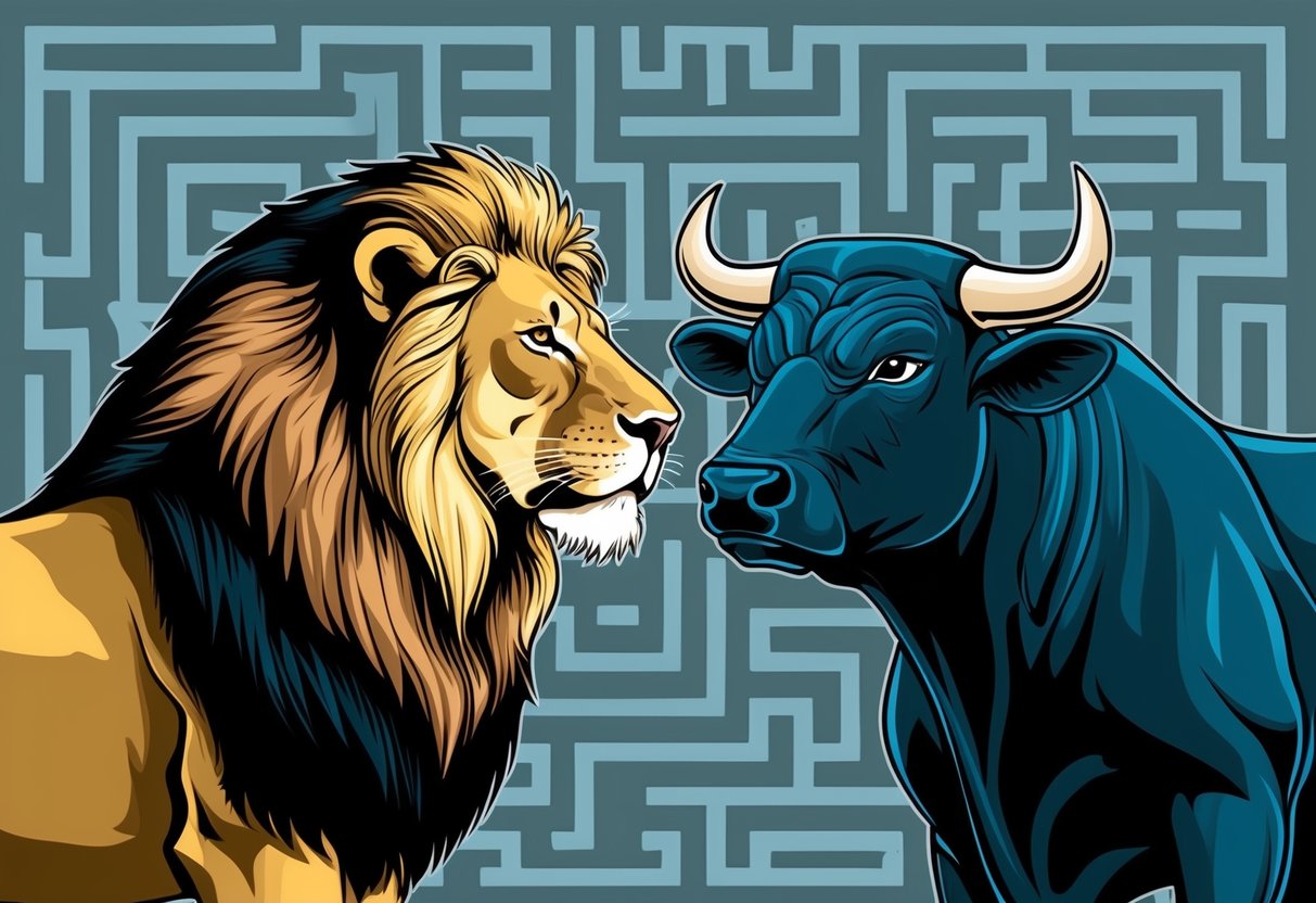 A lion and a bull standing face to face, each with a determined expression, surrounded by a maze symbolizing the challenges they must navigate in their relationship