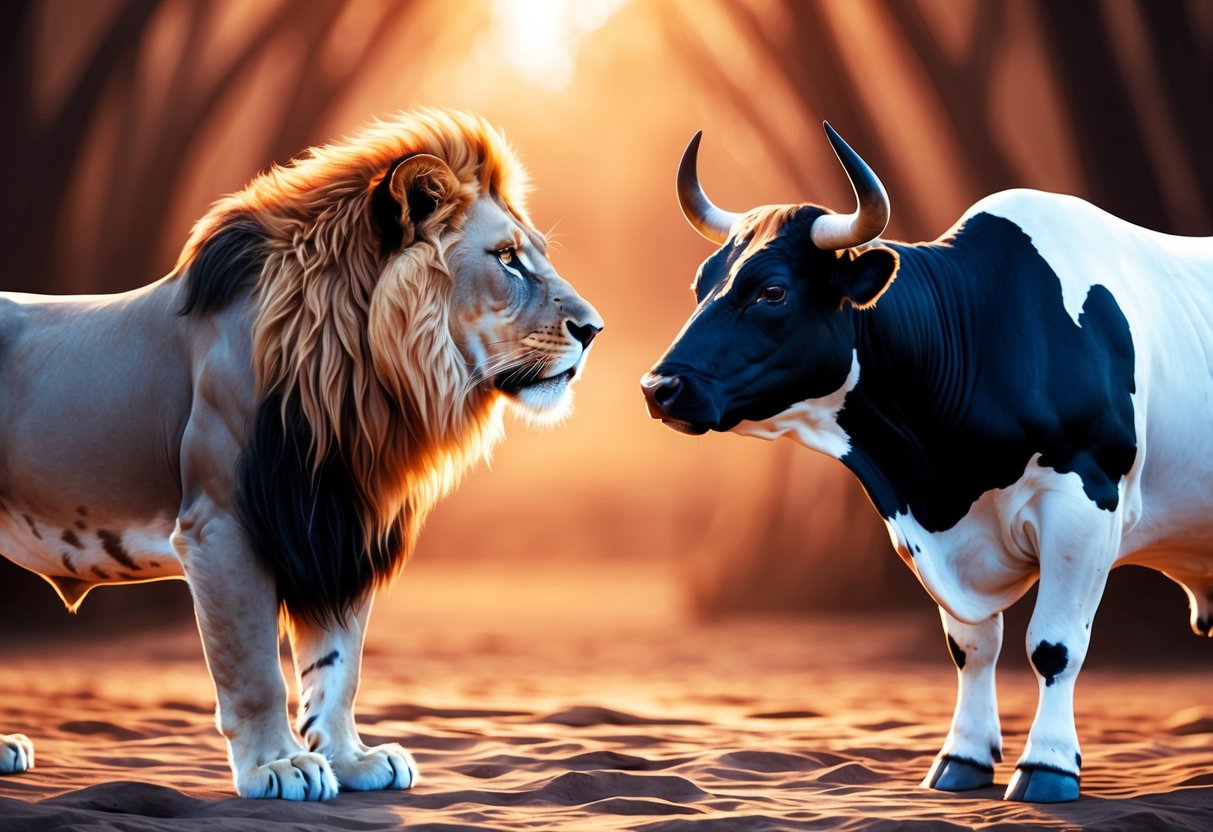 A lion and a bull standing side by side, gazing at each other with trust and loyalty in their eyes