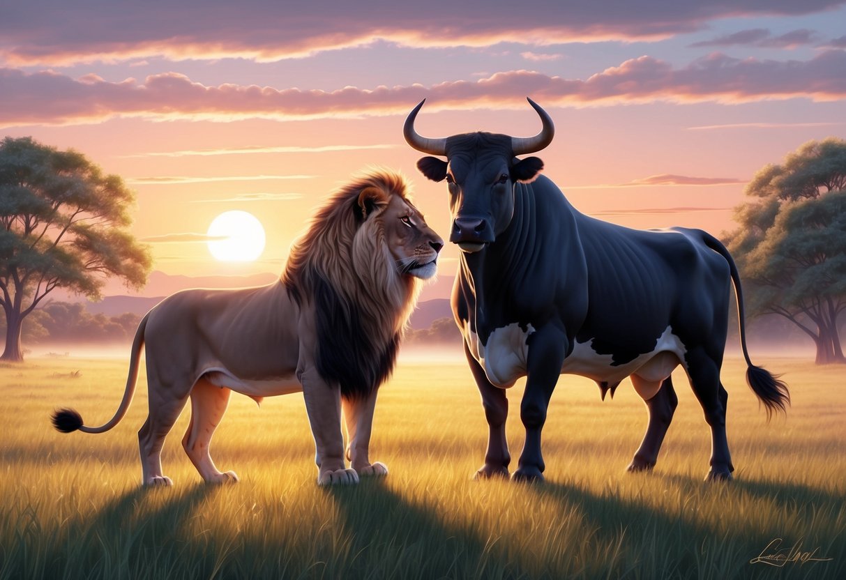 A lion and a bull standing side by side, gazing at the sunset over a tranquil meadow