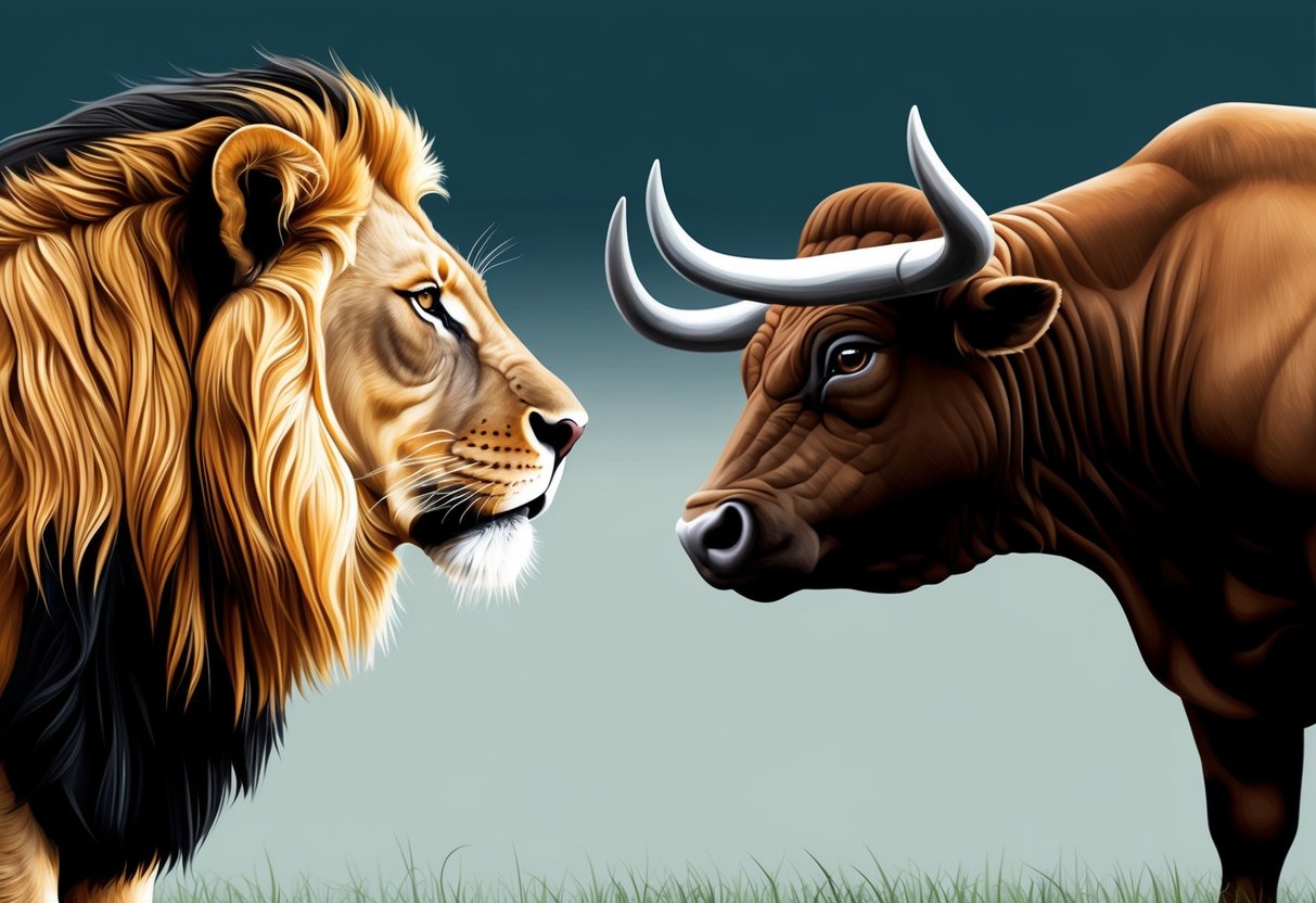 A lion and a bull stand face to face, their eyes locked in a silent exchange.</p><p>The lion exudes confidence, while the bull exudes strength