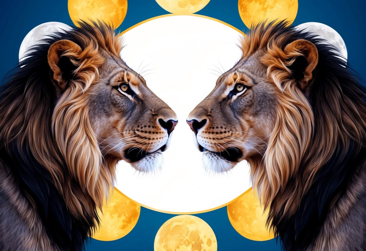 Two lions gazing into each other's eyes, surrounded by a circle of overlapping suns and moons