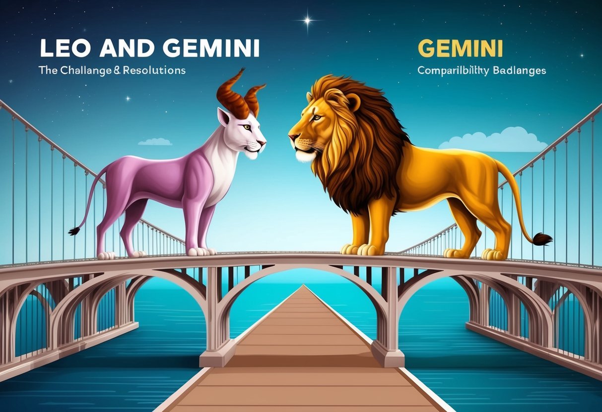 A lion and a pair of twins stand on opposite sides of a bridge, symbolizing the challenges and resolutions in Leo and Gemini compatibility