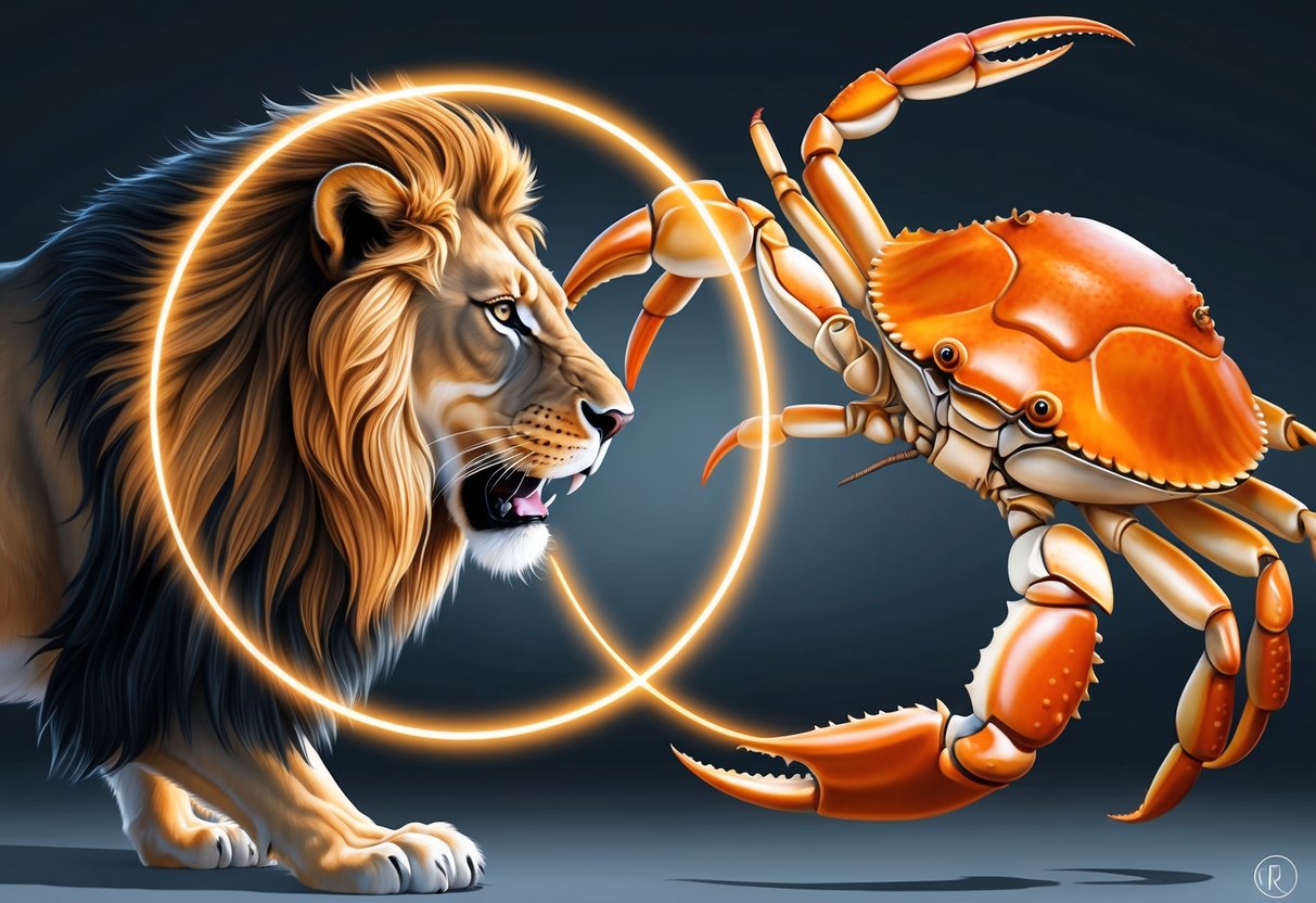 A lion and a crab circling each other, one with fiery confidence and the other with cautious vulnerability, creating a tense yet magnetic energy