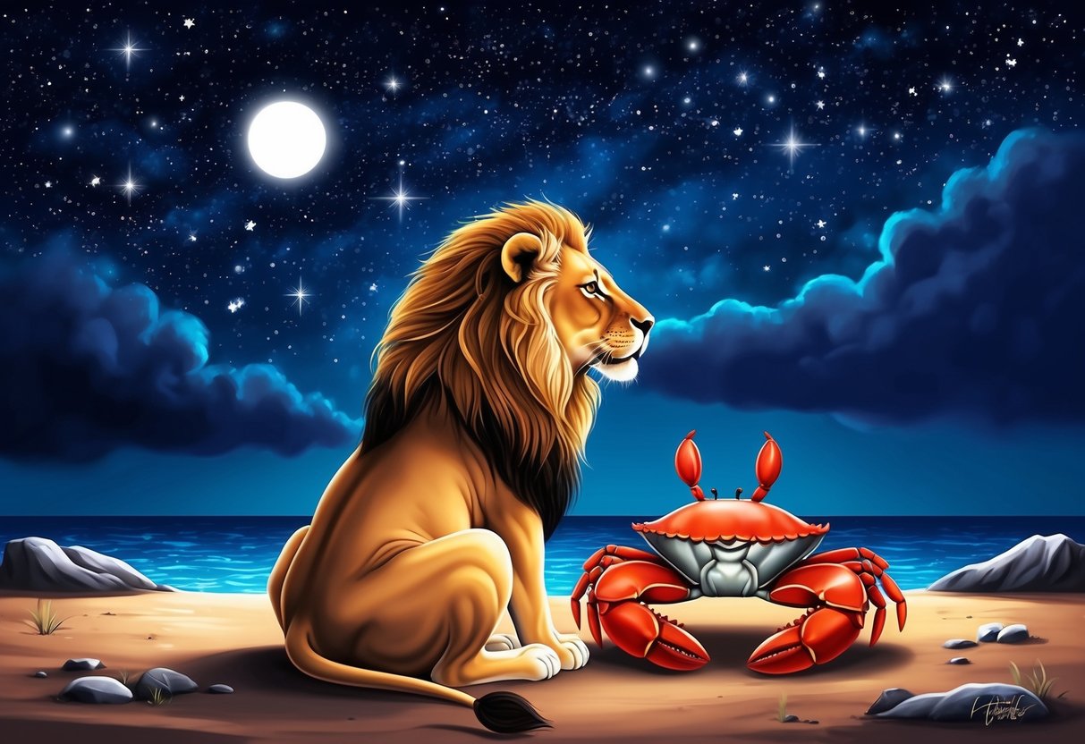 A lion and a crab sitting together under a starry night sky, gazing at each other with warmth and affection