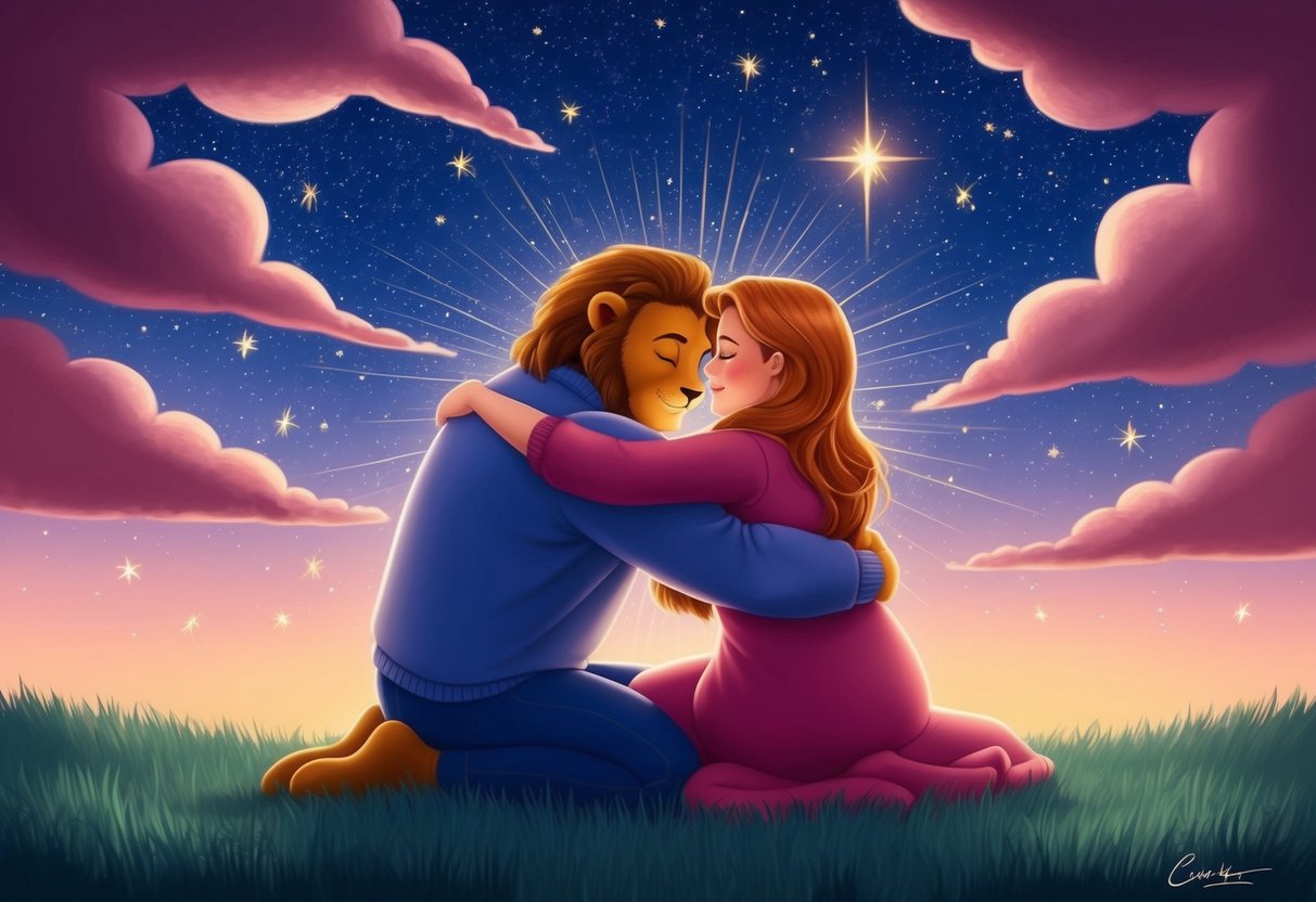 A Leo and Cancer sit together, sharing a warm embrace under a starry sky.</p><p>Their bond radiates with loyalty and understanding