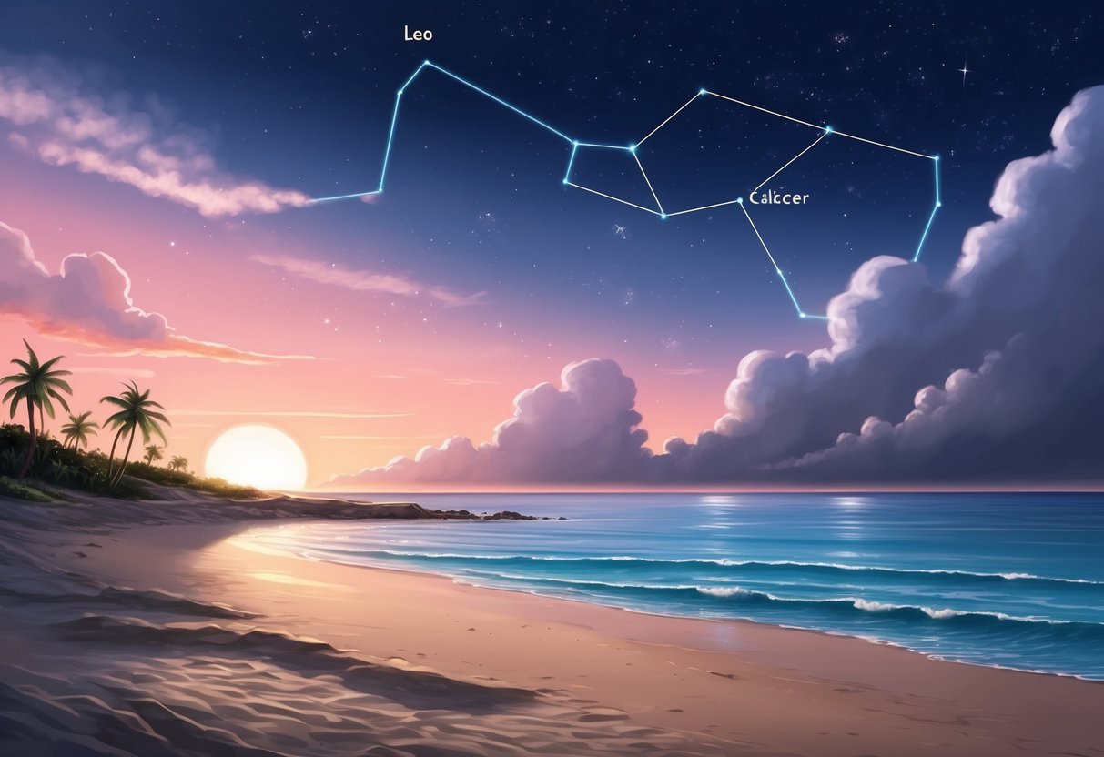 A serene beach at sunset, with a Leo and Cancer constellation visible in the sky above