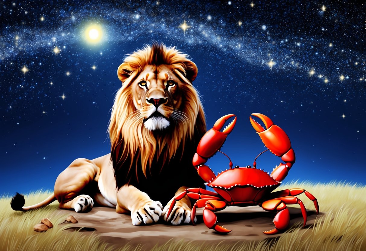 A lion and crab sitting together under a starry night sky