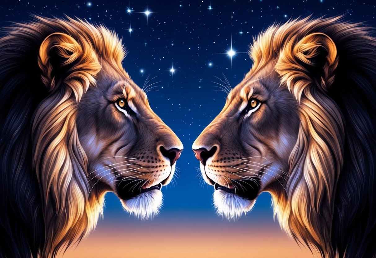 Two lions facing each other, their eyes locked in a powerful gaze.</p><p>The night sky is filled with stars, adding a sense of cosmic energy to the scene