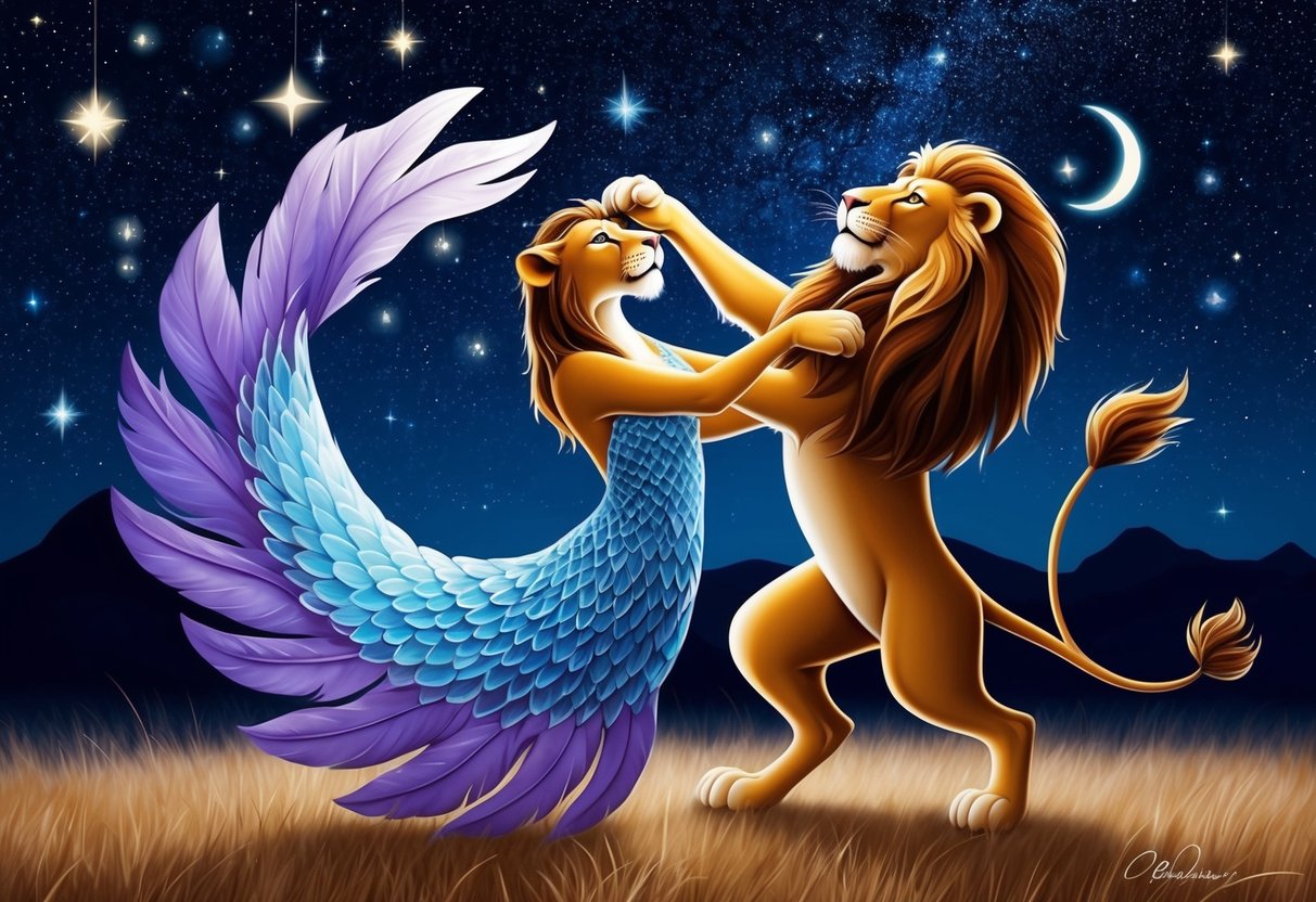 A confident lion and a graceful scales, entwined in a dance of passion and harmony under the starry night sky