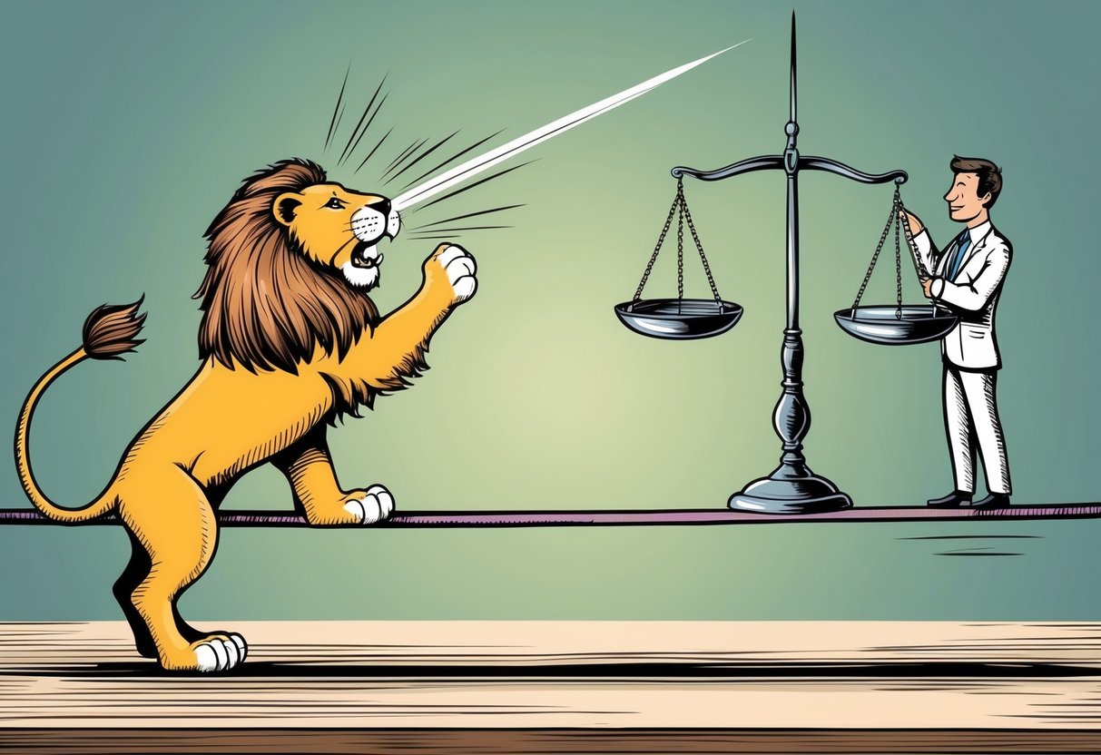 A lion and a scale balancing on a tightrope.</p><p>The lion tries to knock the scale off, but the scale remains steady, representing the challenges and resolutions of Leo and Libra compatibility