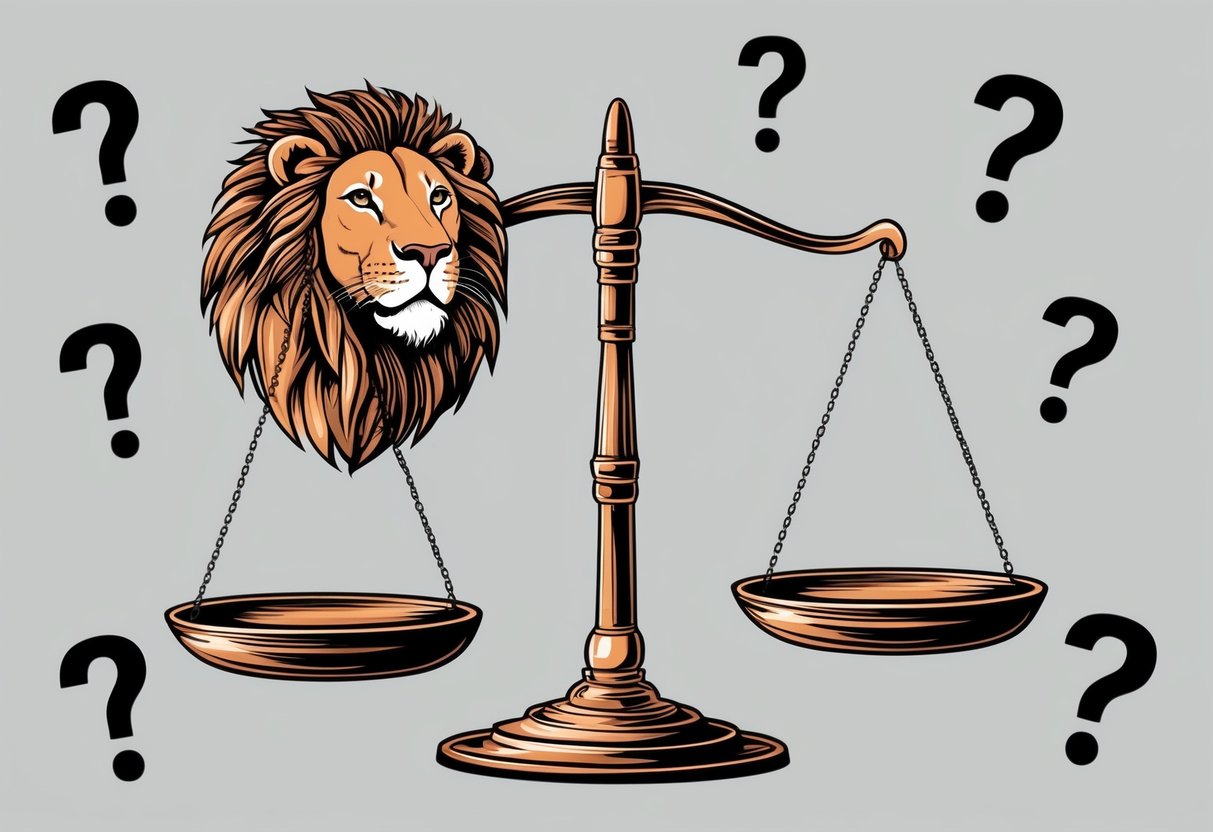 A scale balancing a lion and a pair of scales, surrounded by question marks