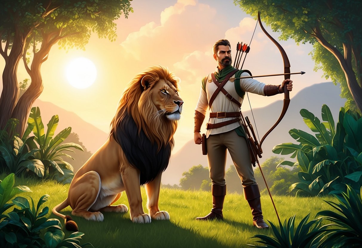 A lion and an archer stand side by side, basking in the warm glow of the sun, surrounded by lush greenery and a sense of adventure