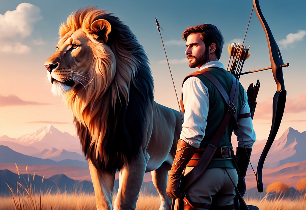 A lion and an archer stand side by side, gazing into the distance with a sense of adventure and determination