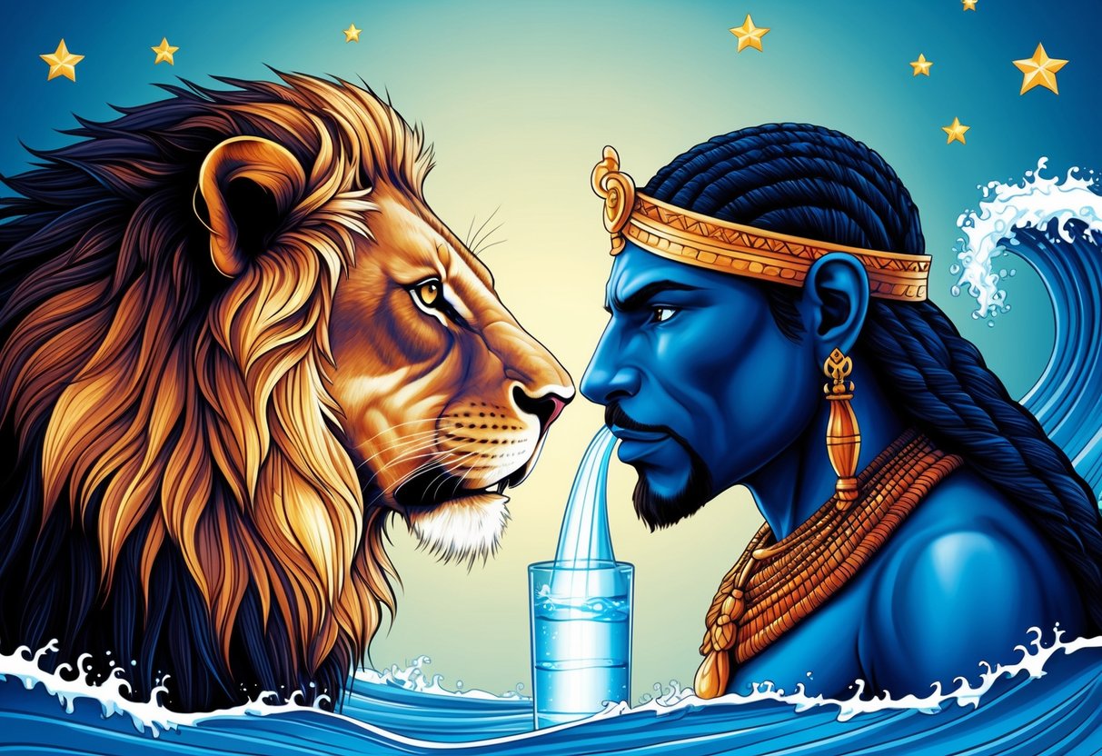 A lion and a water bearer facing each other, surrounded by stars and waves