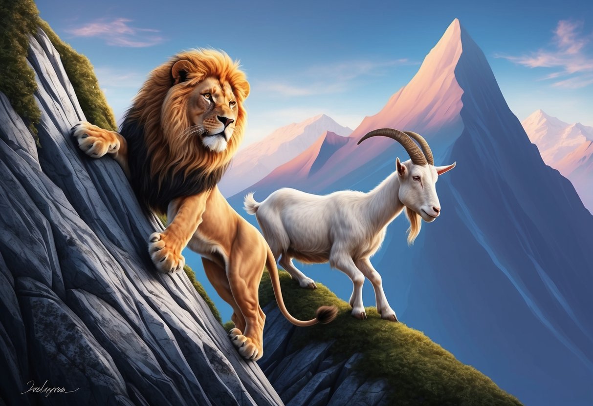 A lion and a goat climbing a steep mountain together