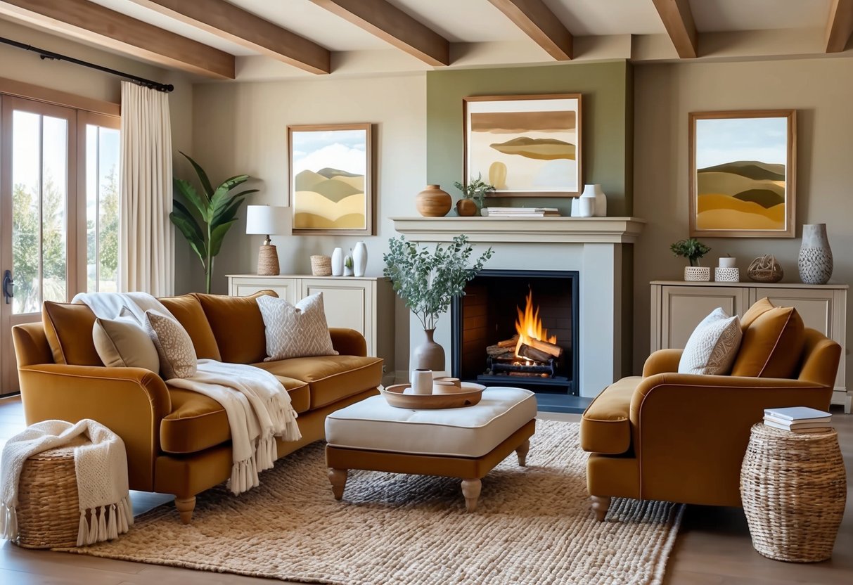 A cozy living room with plush furniture and earthy tones, a crackling fireplace, and soft blankets.</p><p>A sense of stability and luxury emanates from the space