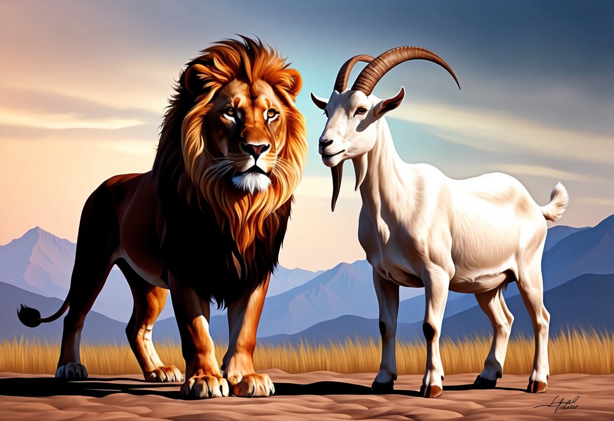 A majestic lion and a stoic goat stand side by side, their contrasting energies creating a harmonious balance