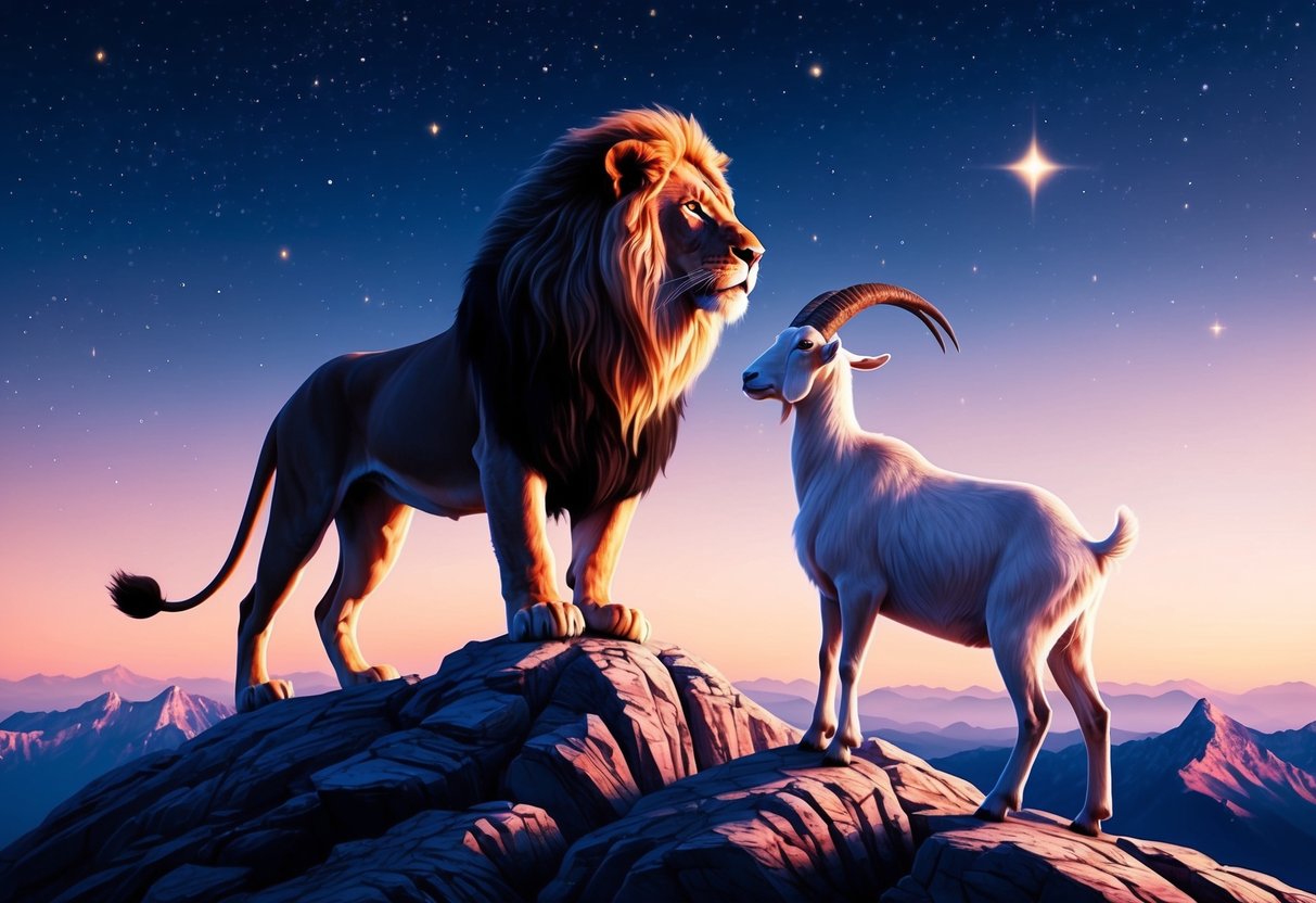 A lion and a goat standing together on a mountain peak, gazing at the stars