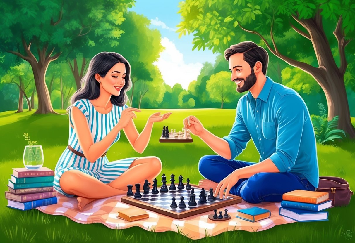 A picnic in a lush green park, with a Virgo and Taurus enjoying a game of chess while surrounded by books and a serene atmosphere