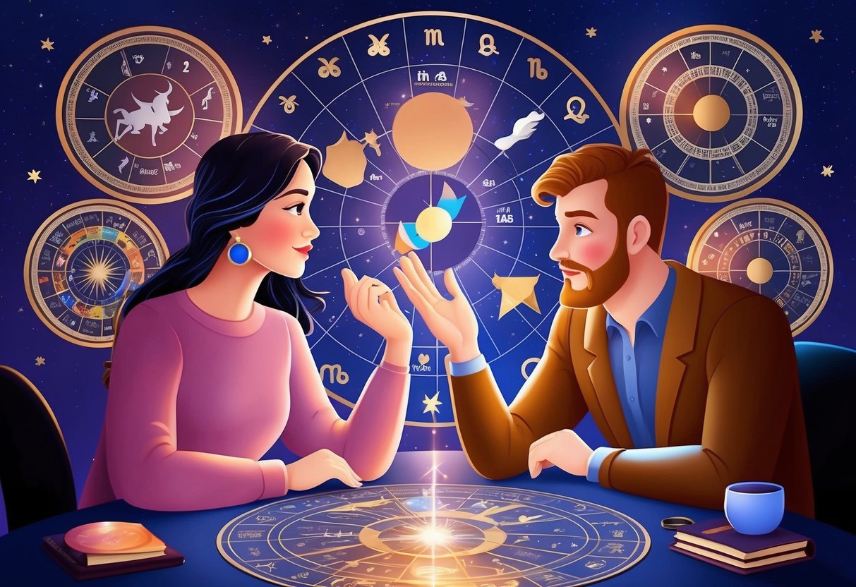 A Virgo and Taurus seeking guidance from an astrologer, surrounded by zodiac charts and celestial imagery