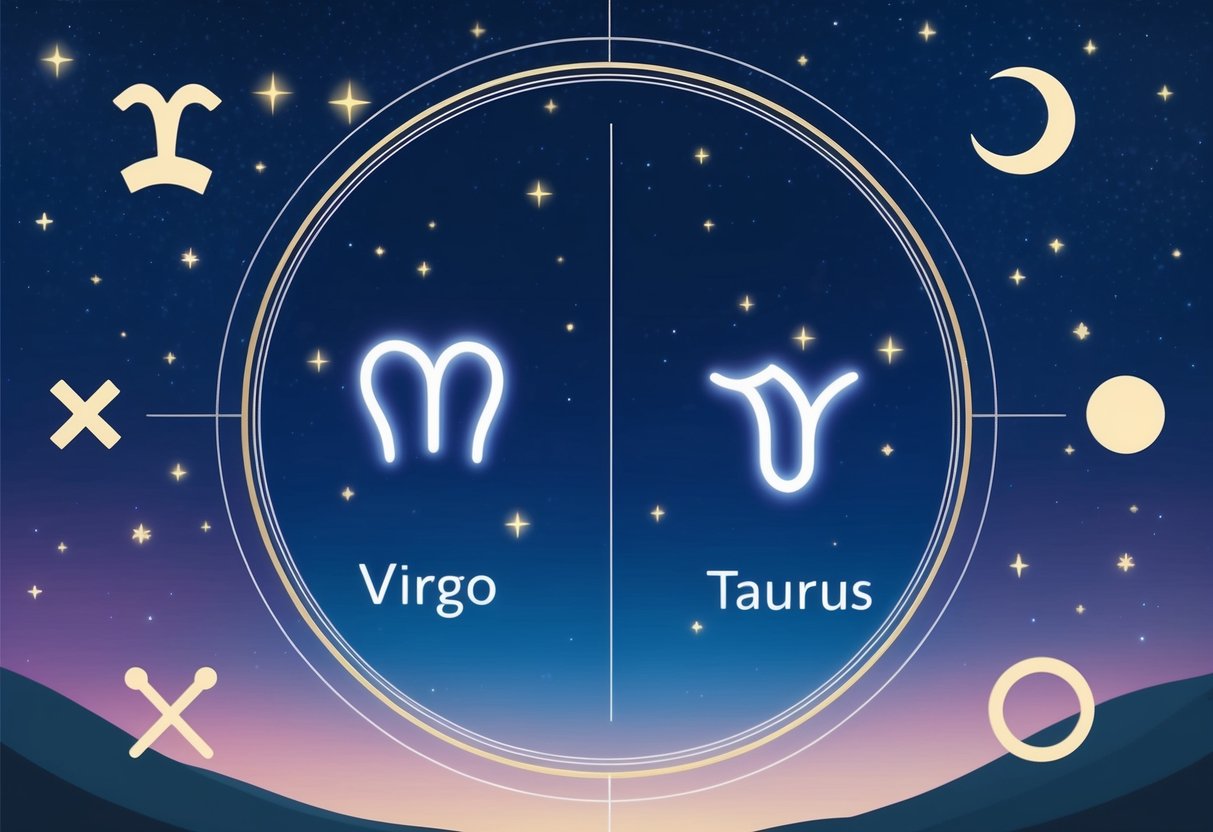 A serene night sky with the zodiac signs Virgo and Taurus in the stars, surrounded by a circle of celestial symbols