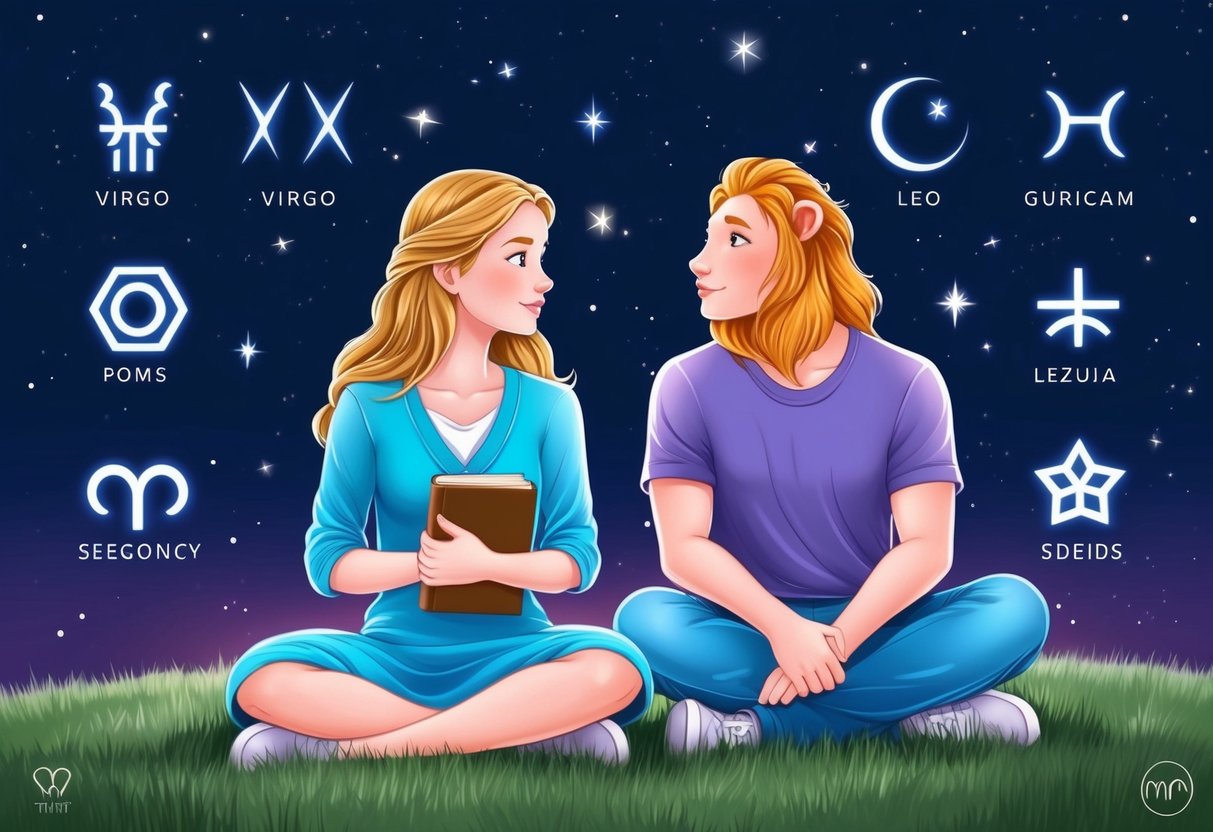 A Virgo and Leo sit beneath a starry night sky, surrounded by symbols of their zodiac signs.</p><p>The Virgo holds a book while the Leo gazes at the stars