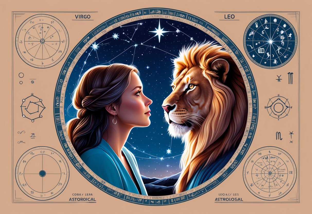 A Virgo and Leo gazing at the stars, surrounded by astrological charts and symbols