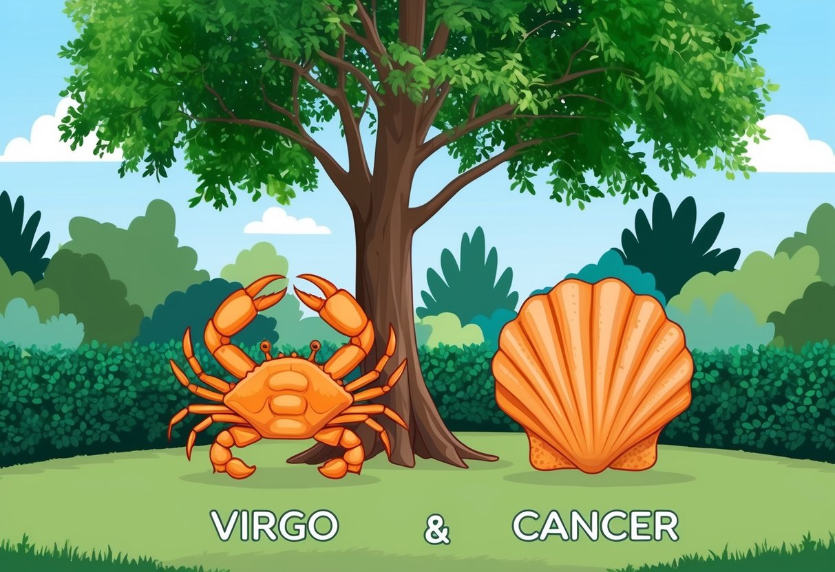 A serene garden with a sturdy oak tree and a protective crab shell, symbolizing stability and security for Virgo and Cancer compatibility