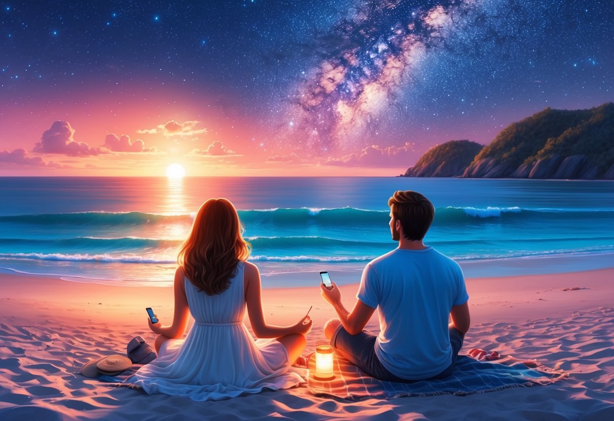 A serene beach at sunset, with a Virgo and Cancer stargazing together under a starry sky