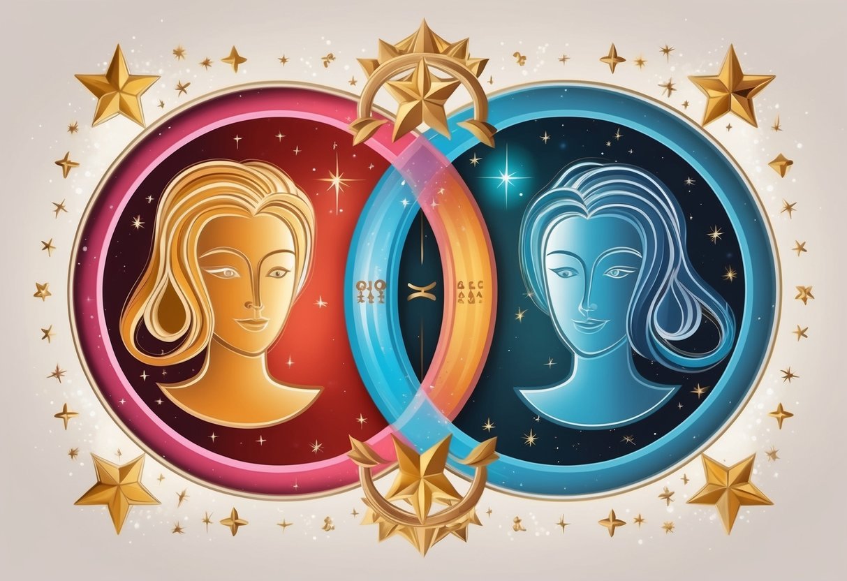 Two zodiac symbols, Virgo and Cancer, surrounded by stars and celestial elements, with a sense of harmony and connection