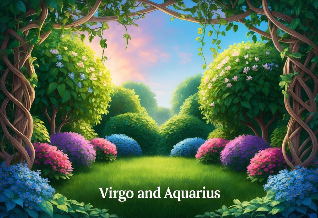 A lush garden with blooming flowers and intertwining vines, representing the growth and evolution of Virgo and Aquarius compatibility