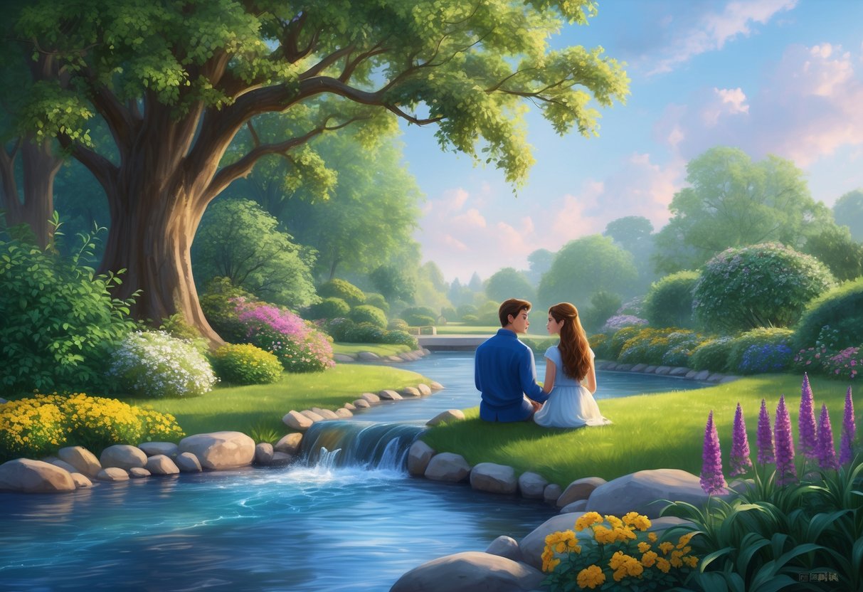 A serene garden with a flowing stream, surrounded by lush greenery and colorful flowers.</p><p>A Virgo and Pisces sit peacefully by the water, gazing into each other's eyes