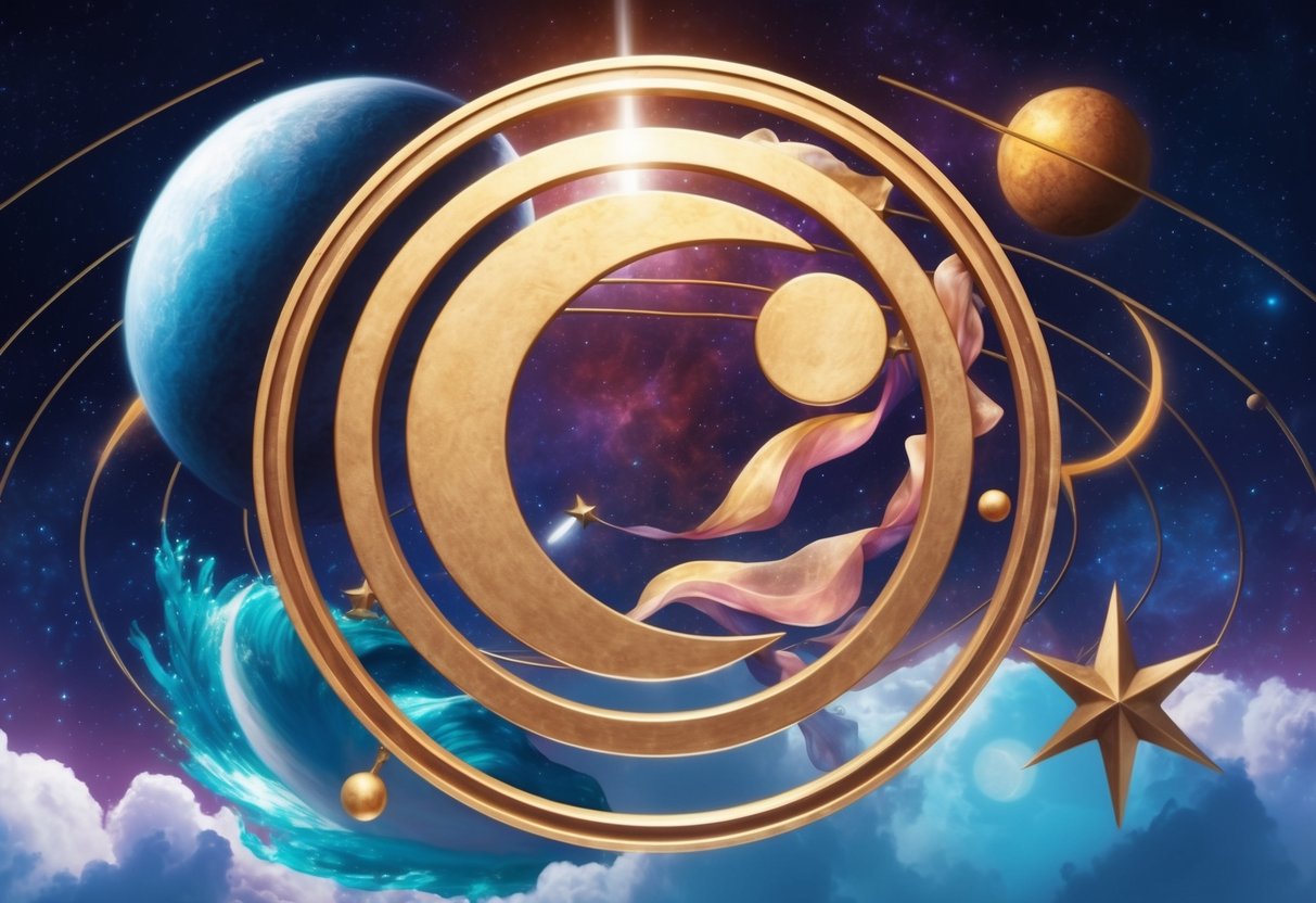 A Virgo and Aquarius symbol surrounded by celestial elements