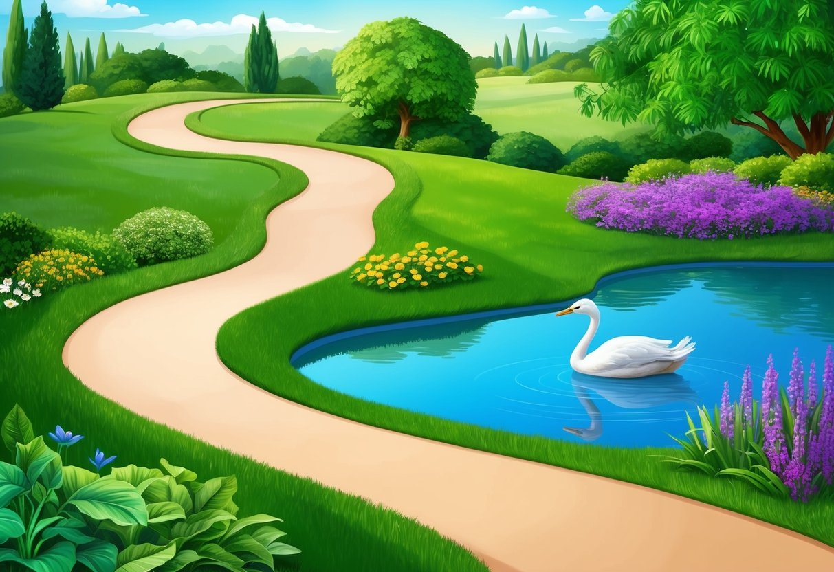 A winding path leads from a lush garden to a peaceful pond, symbolizing the challenges and growth opportunities in the compatibility between Virgo and Libra