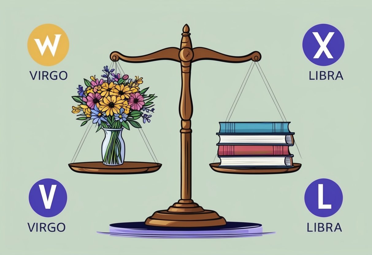 A scale balanced with a bouquet of flowers on one side and a stack of books on the other, surrounded by symbols of Virgo and Libra