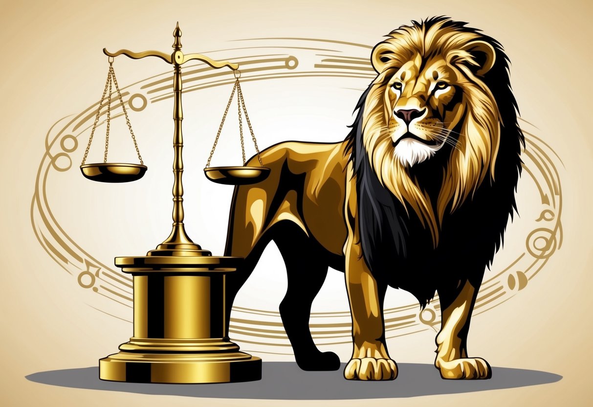 A balanced scale teeters on a golden pedestal, while a proud lion stands nearby, both surrounded by swirling symbols of the zodiac