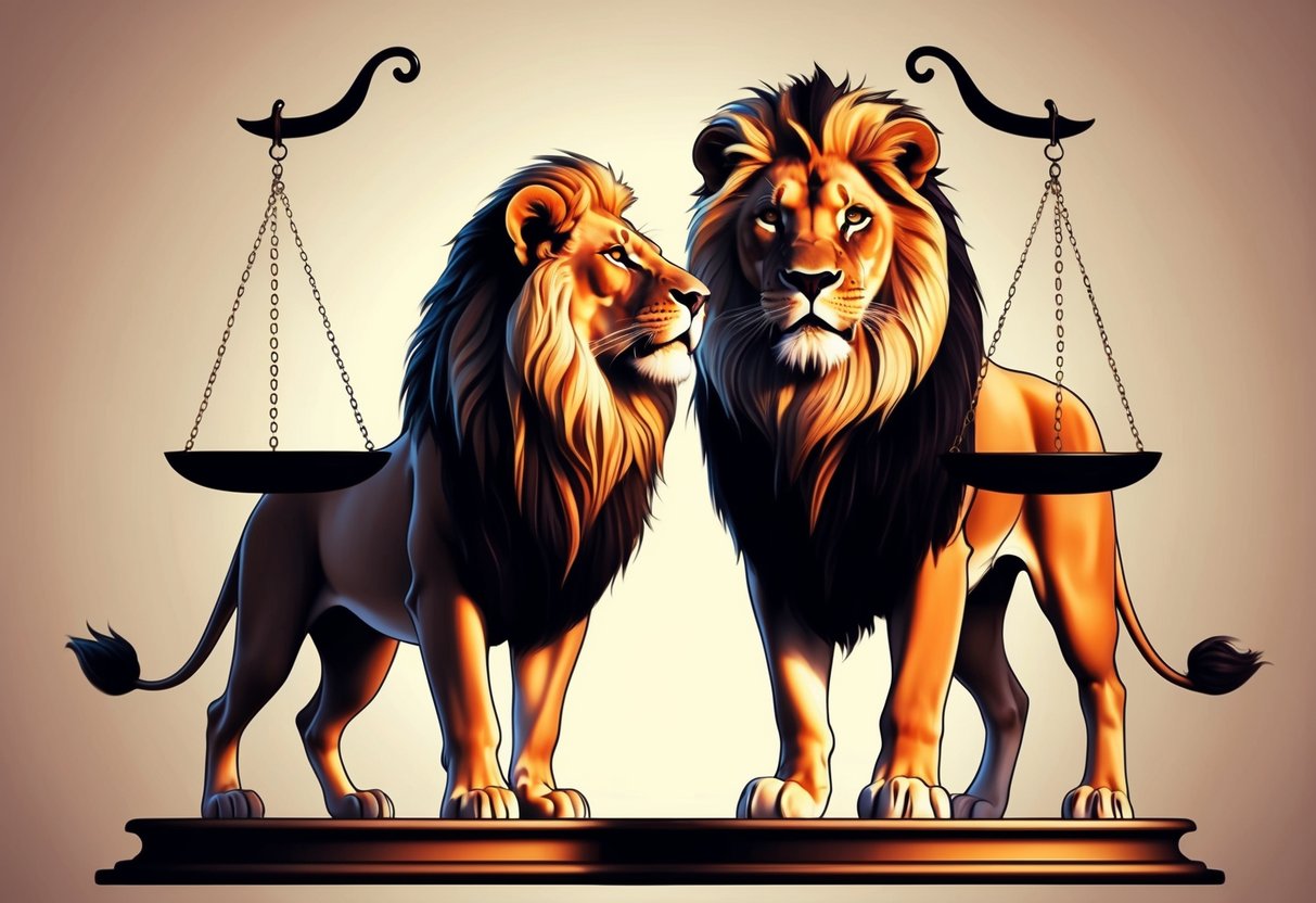 A scale and a lion standing side by side, with a sense of balance and strength emanating from their interaction