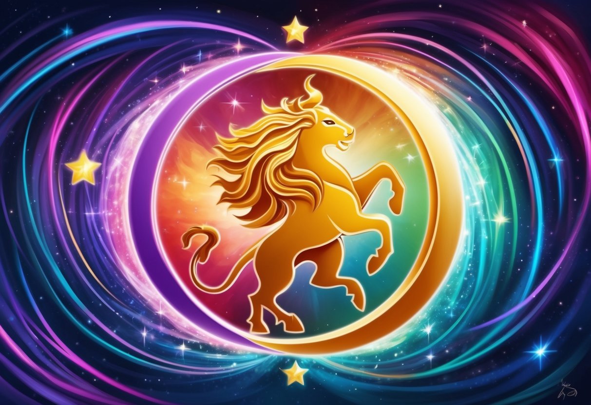 A Libra and Leo symbol entwined in a celestial dance, surrounded by swirling stars and vibrant colors