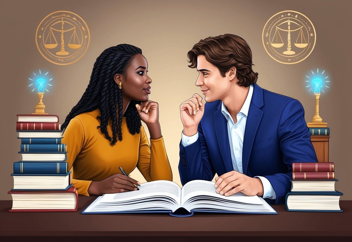 A Libra and Sagittarius engaging in deep conversation, surrounded by books and symbols of knowledge