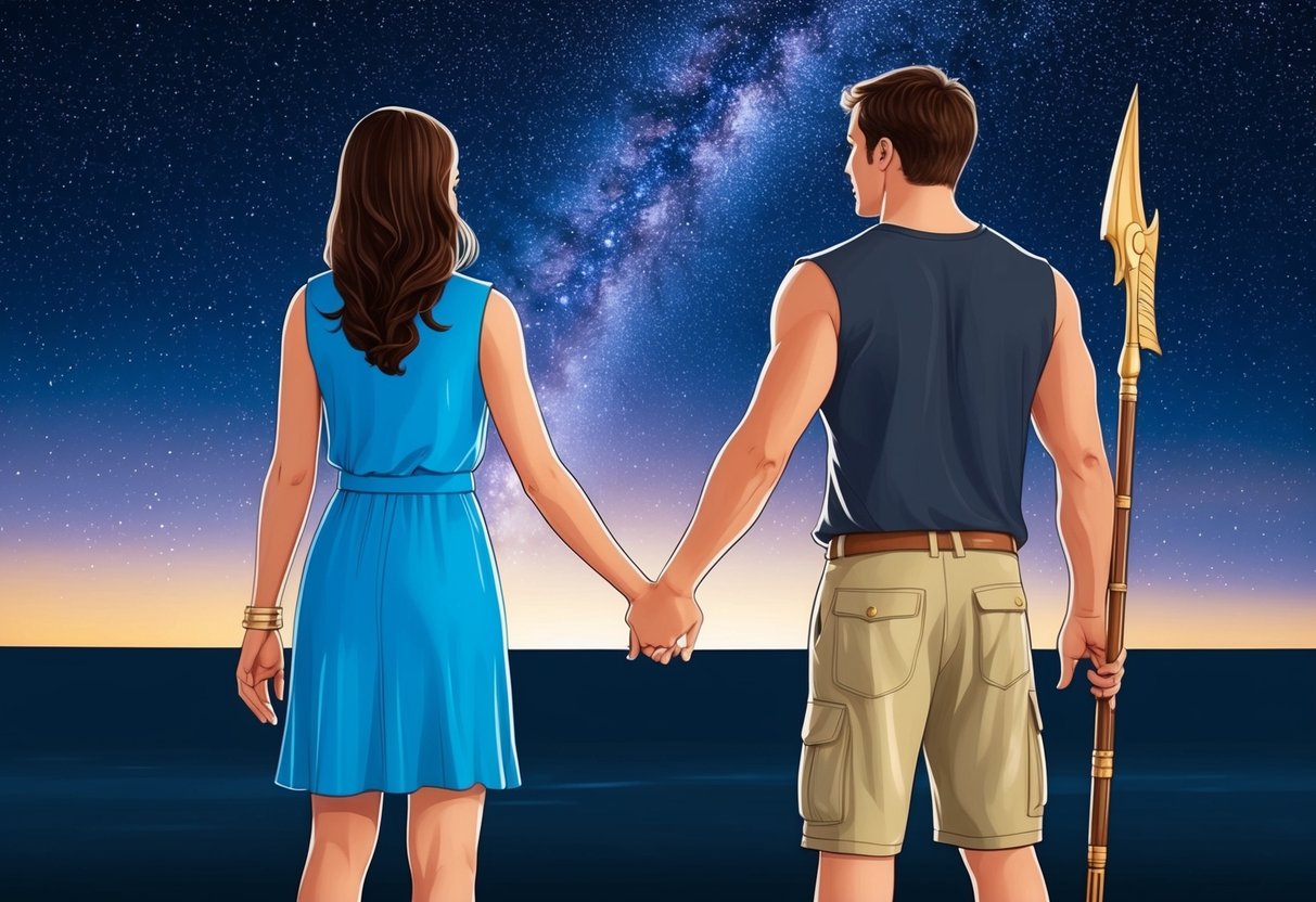 A Libra and Sagittarius standing under a starry sky, holding hands and looking towards the horizon, symbolizing their commitment and long-term potential