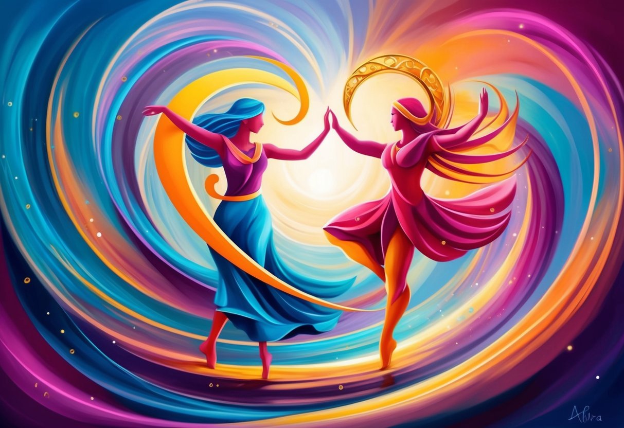 Aries and Libra symbols entwined in a dance of balance and passion, surrounded by swirling winds and vibrant colors